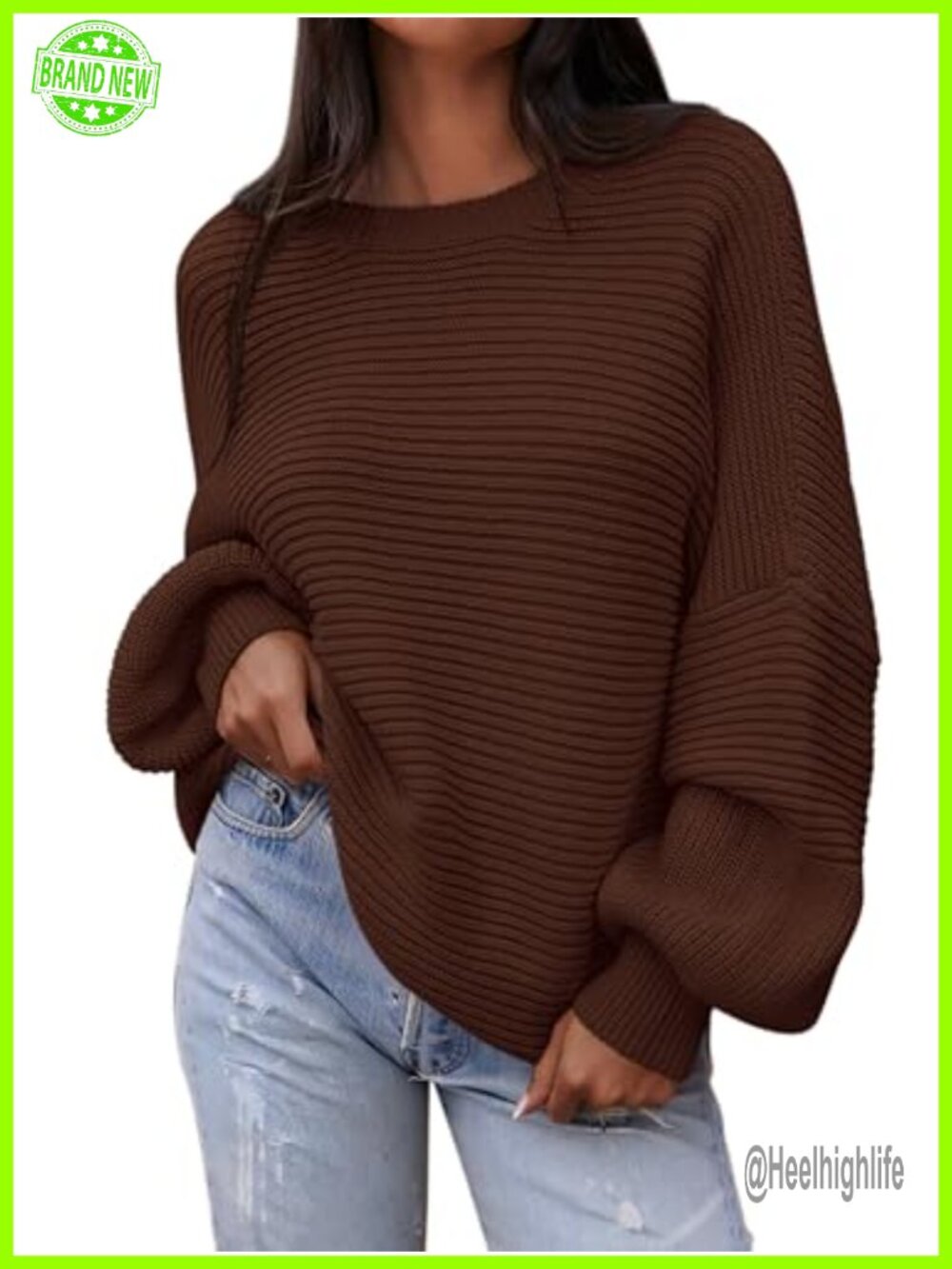 Oversized Chunky Knit Sweater Lantern Sleeve Crew Neck Pullover